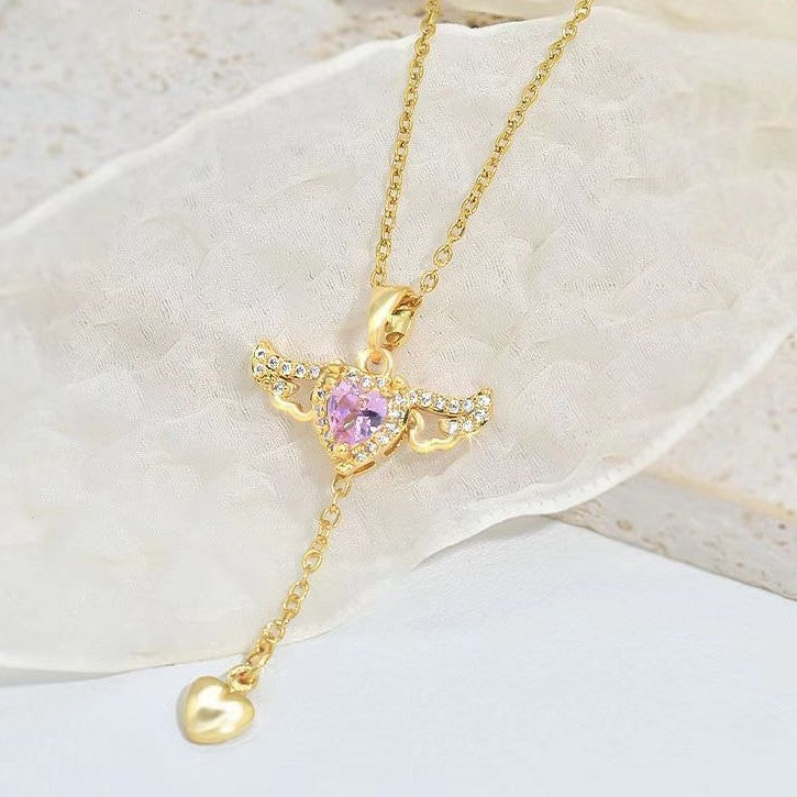 Moving Cupid Heart Angel Wings Necklace – Sparkling Crystal Clavicle Chain for Valentine's Day