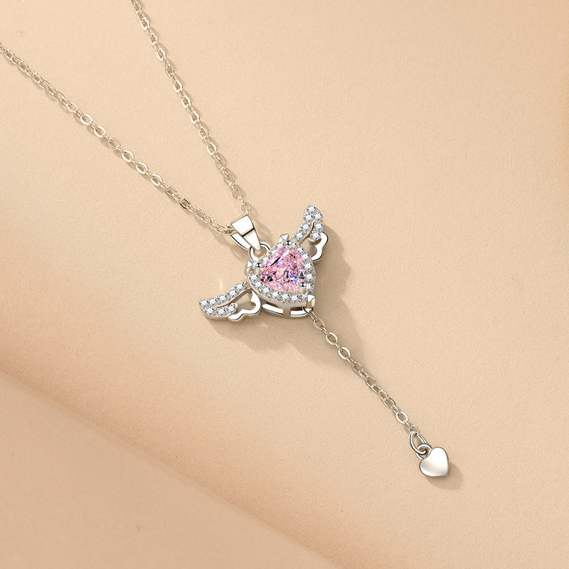 Moving Cupid Heart Angel Wings Necklace – Sparkling Crystal Clavicle Chain for Valentine's Day